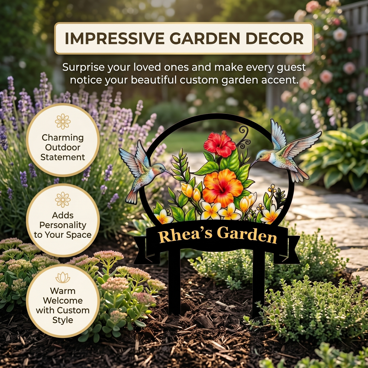 Personalized Hummingbird Garden Stake Tropical Hibiscus Metal Yard Art Custom Garden Sign Gardener Gift for Mom — main 3