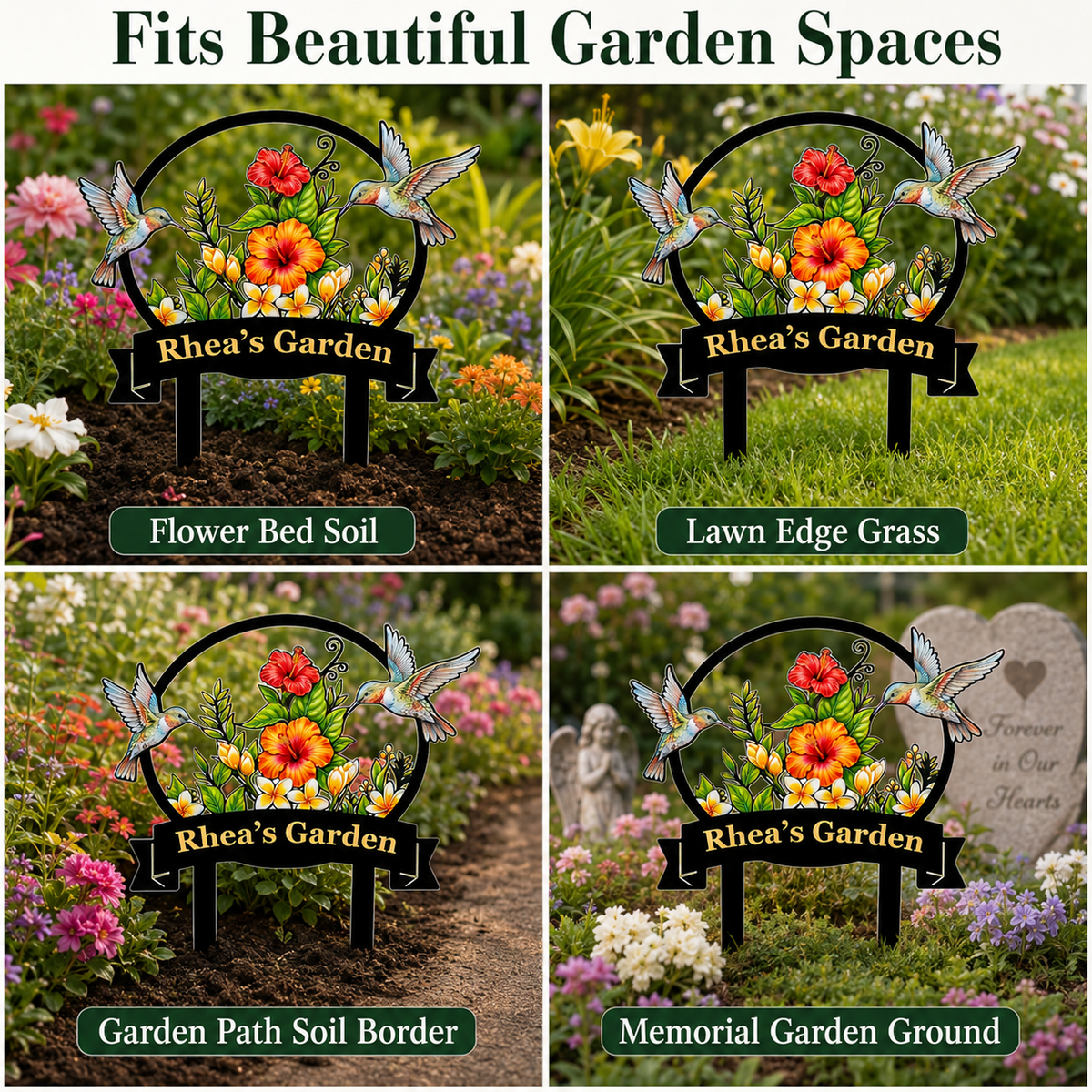 Personalized Hummingbird Garden Stake Tropical Hibiscus Metal Yard Art Custom Garden Sign Gardener Gift for Mom — Main_12