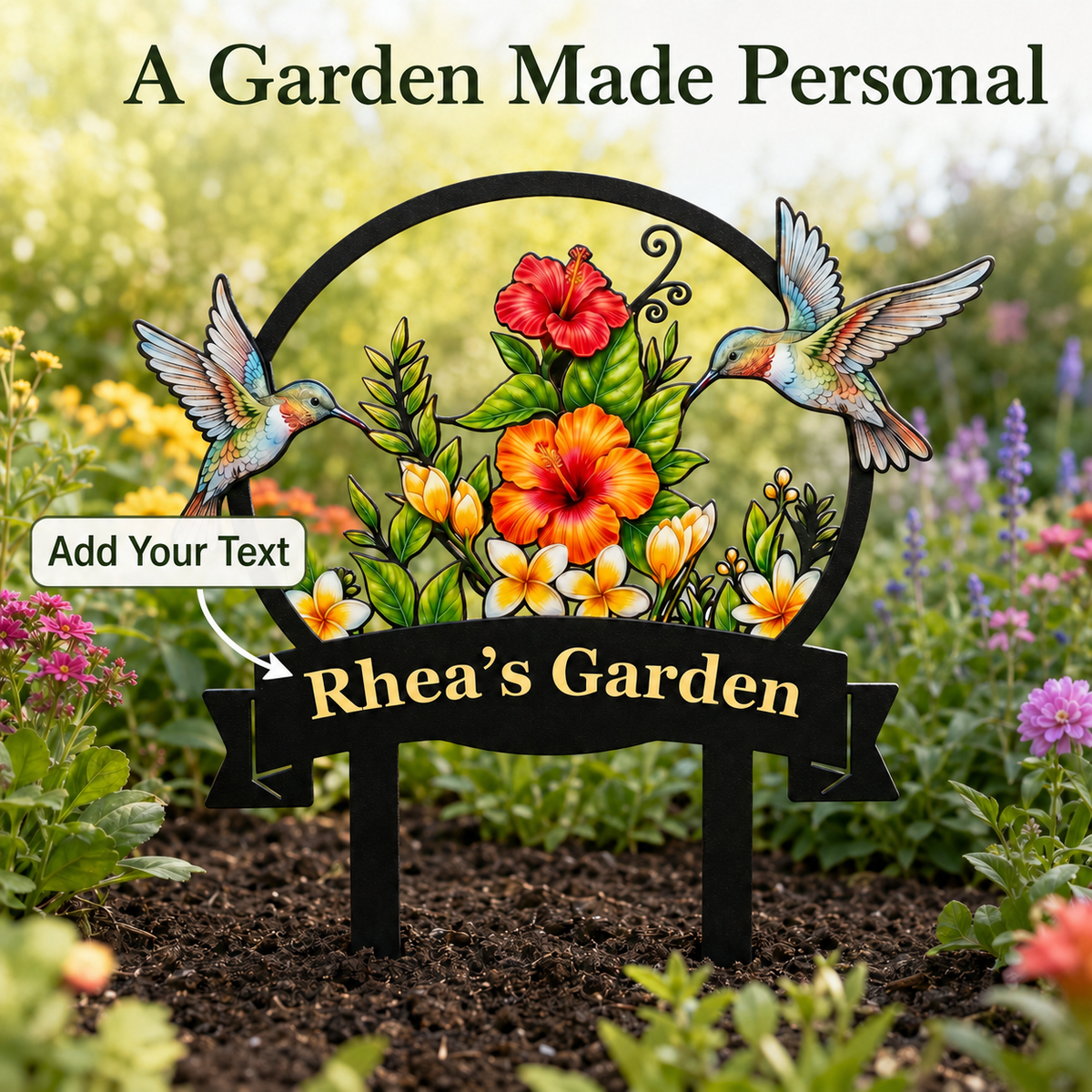 Personalized Hummingbird Garden Stake Tropical Hibiscus Metal Yard Art Custom Garden Sign Gardener Gift for Mom — Main_03