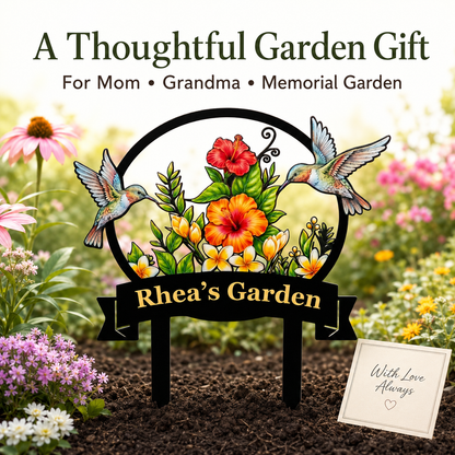 Personalized Hummingbird Garden Stake Tropical Hibiscus Metal Yard Art Custom Garden Sign Gardener Gift for Mom — Main_06