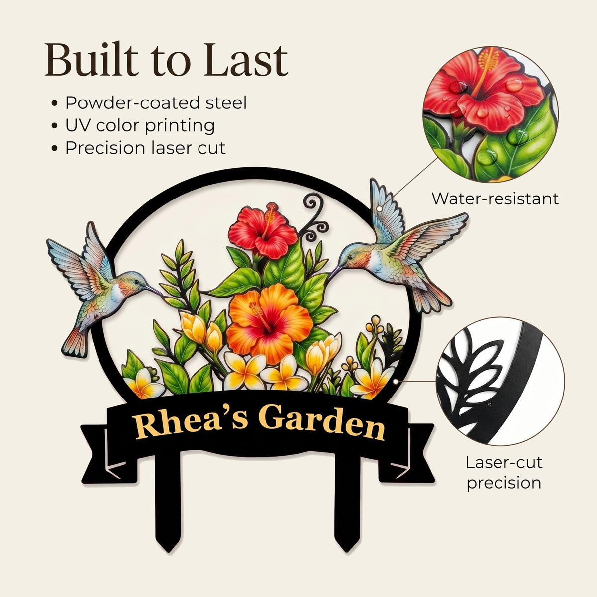 Personalized Hummingbird Garden Stake Tropical Hibiscus Metal Yard Art Custom Garden Sign Gardener Gift for Mom — main 2