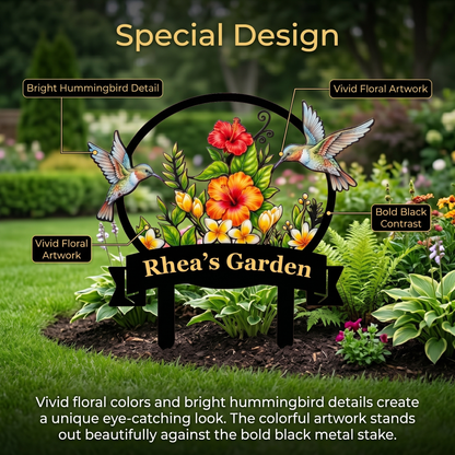 Personalized Hummingbird Garden Stake Tropical Hibiscus Metal Yard Art Custom Garden Sign Gardener Gift for Mom — main 4