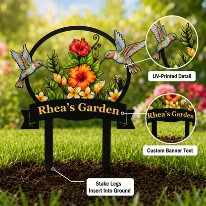 Personalized Hummingbird Garden Stake Tropical Hibiscus Metal Yard Art Custom Garden Sign Gardener Gift for Mom — Main_02