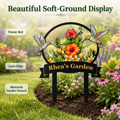 Personalized Hummingbird Garden Stake Tropical Hibiscus Metal Yard Art Custom Garden Sign Gardener Gift for Mom — Main_07