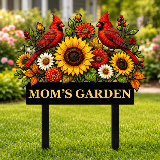Sunflower Cardinal Metal Garden Stake Personalized Mom Garden Sign Red Bird Yard Art Gardener Gift Floral Outdoor Decor