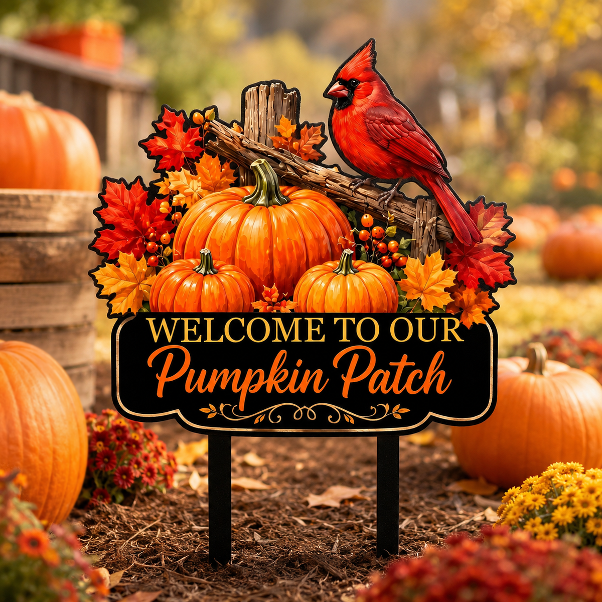Pumpkin Patch Cardinal Garden Stake Personalized Fall Garden Decor Red Bird Yard Art Autumn Harvest Gift for Gardener
