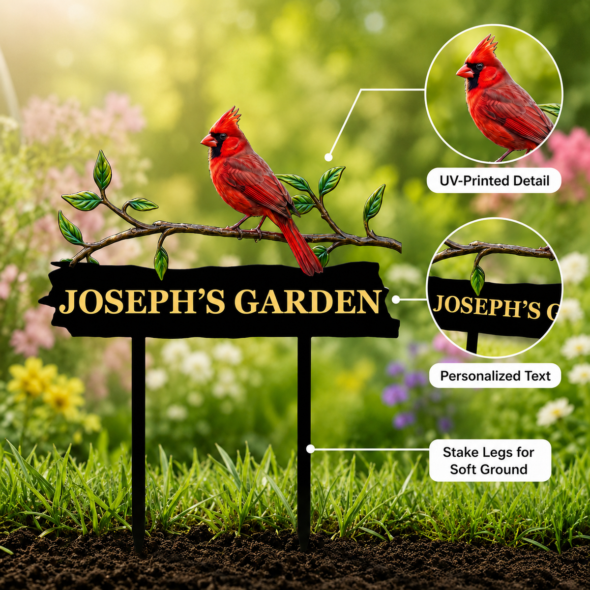 Personalized Cardinal Garden Stake Red Bird Metal Yard Art Custom Garden Sign Gardener Gift Outdoor Garden Decor — Main_02