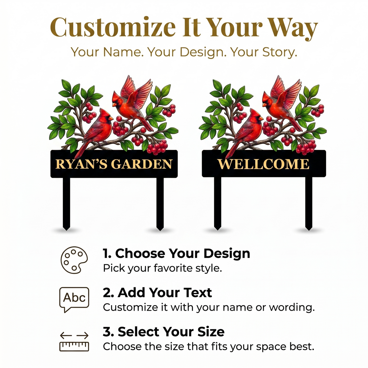 Personalized Twin Cardinal Garden Stake Red Bird Pair Metal Yard Art Custom Garden Sign Bird Lover Garden Decor — MAIN 5