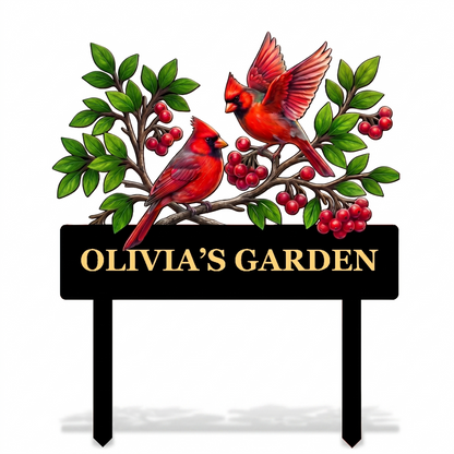 Personalized Twin Cardinal Garden Stake Red Bird Pair Metal Yard Art Custom Garden Sign Bird Lover Garden Decor — MAIN 1