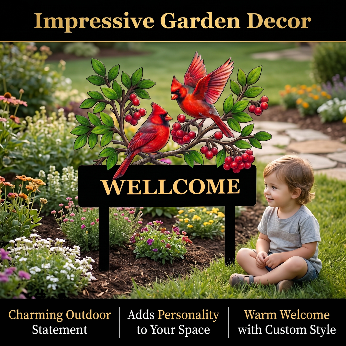 Personalized Twin Cardinal Garden Stake Red Bird Pair Metal Yard Art Custom Garden Sign Bird Lover Garden Decor — MAIN 7