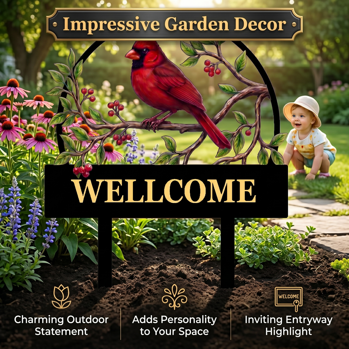 Grandma Cardinal Garden Stake Personalized Metal Yard Art Red Bird Garden Sign Gardener Gift for Grandma — MAIN 7