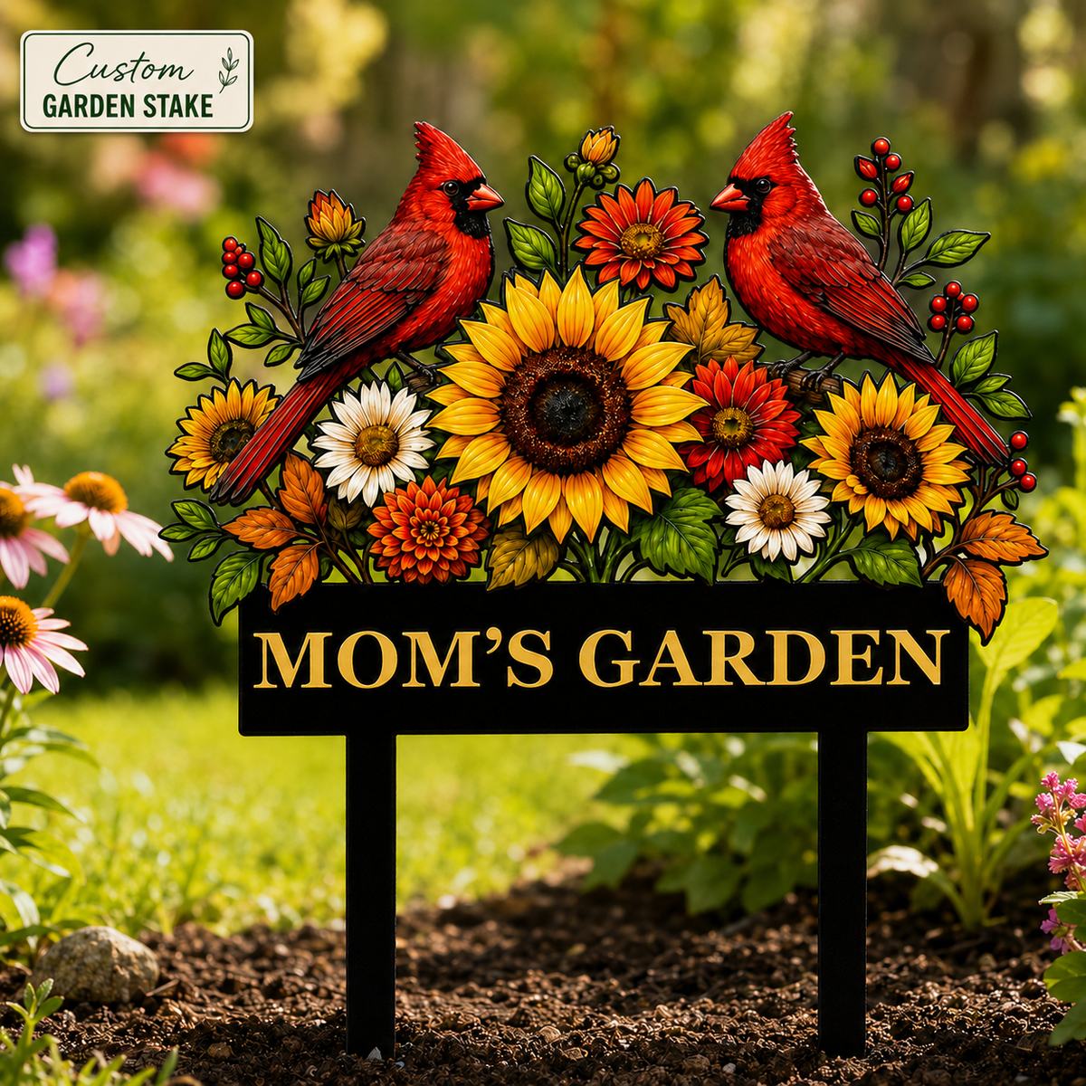 Sunflower Cardinal Metal Garden Stake Personalized Mom Garden Sign Red Bird Yard Art Gardener Gift Floral Outdoor Decor — Main_01