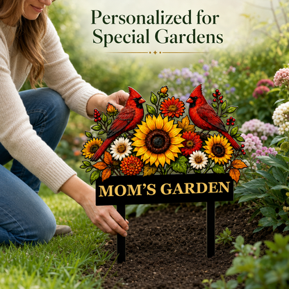 Sunflower Cardinal Metal Garden Stake Personalized Mom Garden Sign Red Bird Yard Art Gardener Gift Floral Outdoor Decor — Main_13