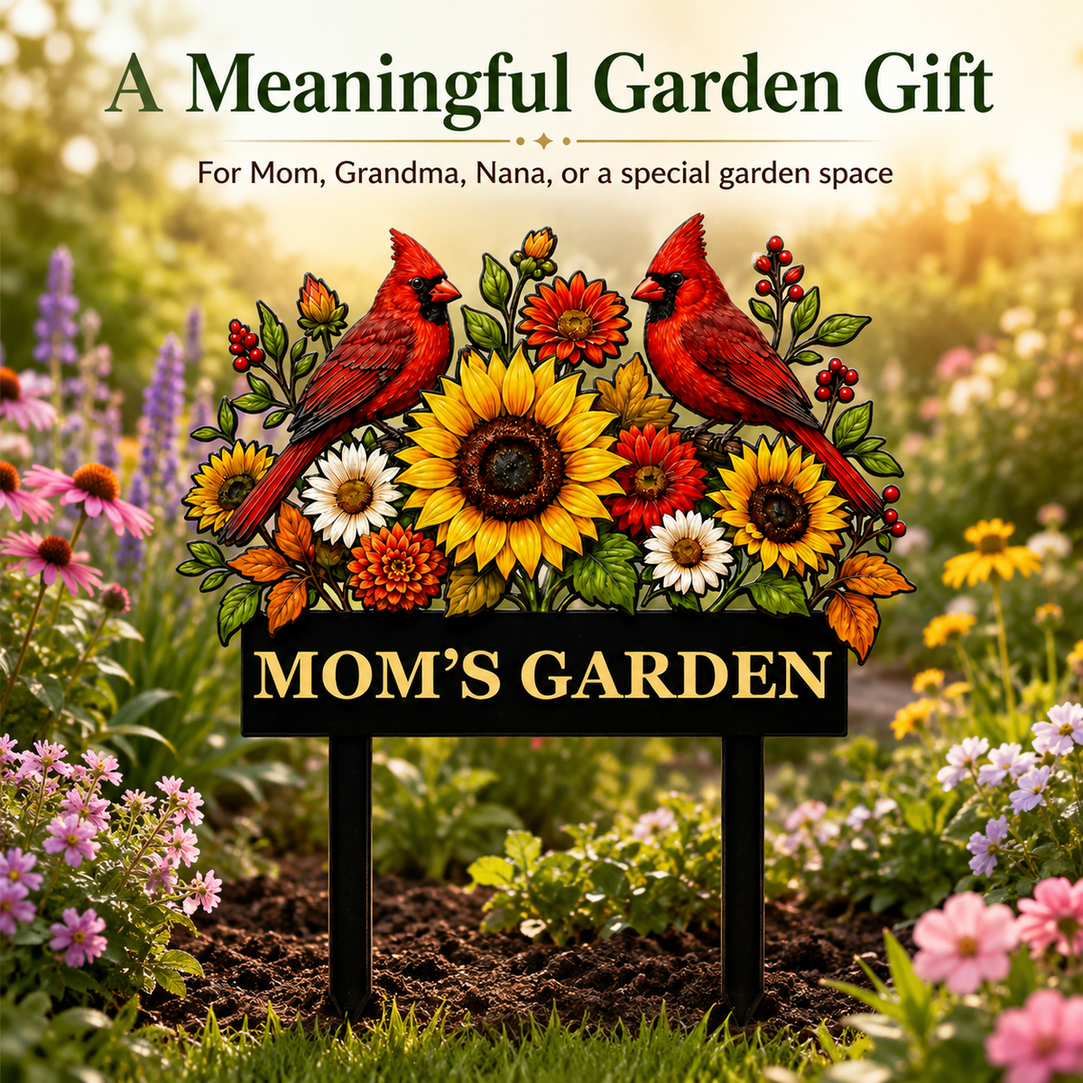 Sunflower Cardinal Metal Garden Stake Personalized Mom Garden Sign Red Bird Yard Art Gardener Gift Floral Outdoor Decor — Main_06