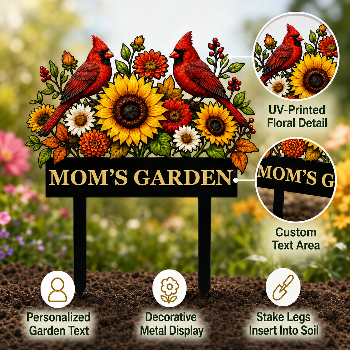 Sunflower Cardinal Metal Garden Stake Personalized Mom Garden Sign Red Bird Yard Art Gardener Gift Floral Outdoor Decor — Main_02