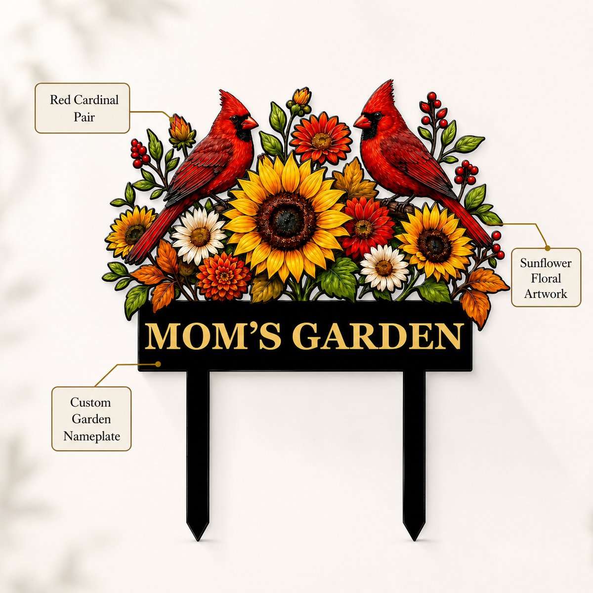 Sunflower Cardinal Metal Garden Stake Personalized Mom Garden Sign Red Bird Yard Art Gardener Gift Floral Outdoor Decor — Main_04