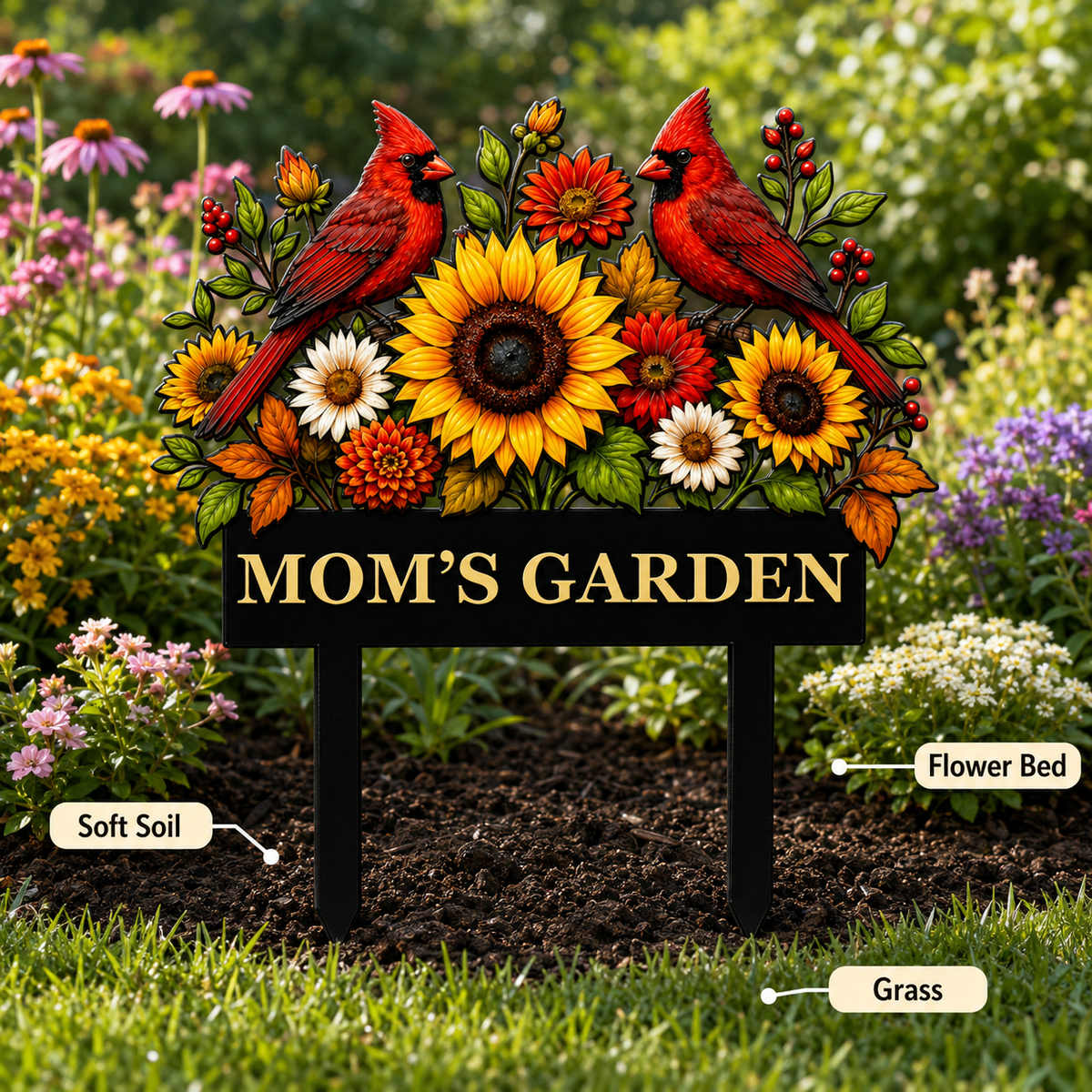 Sunflower Cardinal Metal Garden Stake Personalized Mom Garden Sign Red Bird Yard Art Gardener Gift Floral Outdoor Decor — Main_07