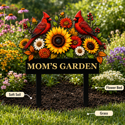 Sunflower Cardinal Metal Garden Stake Personalized Mom Garden Sign Red Bird Yard Art Gardener Gift Floral Outdoor Decor — Main_07