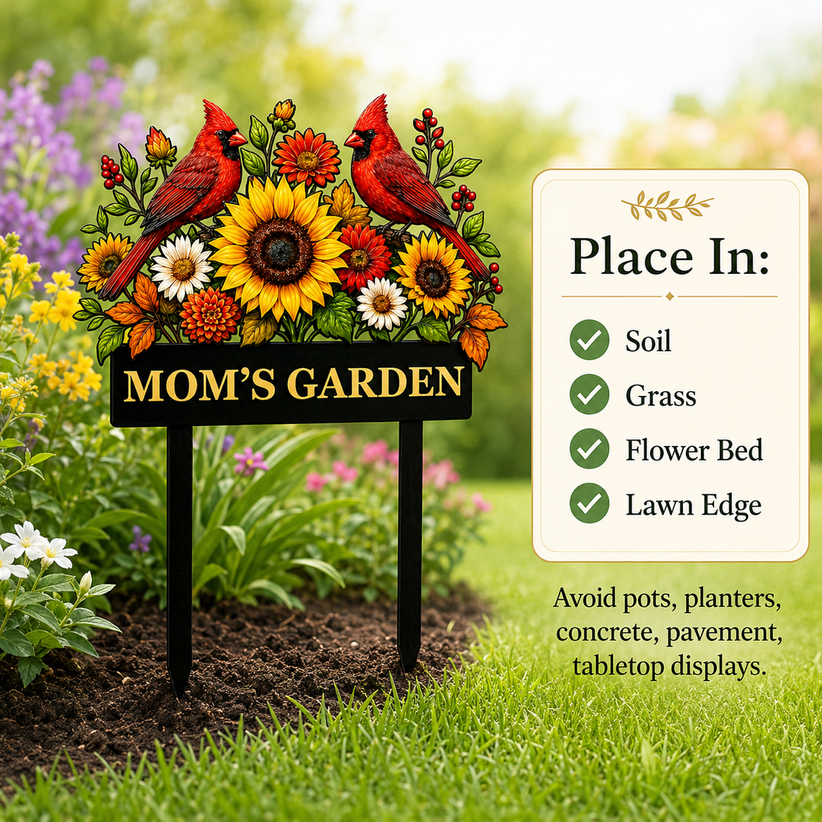 Sunflower Cardinal Metal Garden Stake Personalized Mom Garden Sign Red Bird Yard Art Gardener Gift Floral Outdoor Decor — Main_10