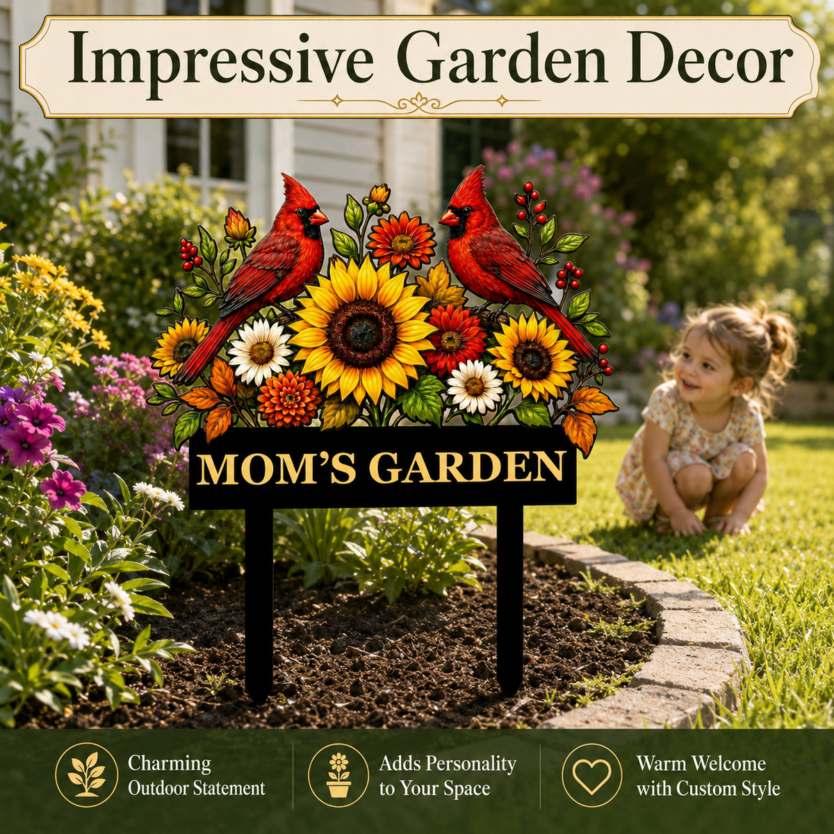 Sunflower Cardinal Metal Garden Stake Personalized Mom Garden Sign Red Bird Yard Art Gardener Gift Floral Outdoor Decor — main 6