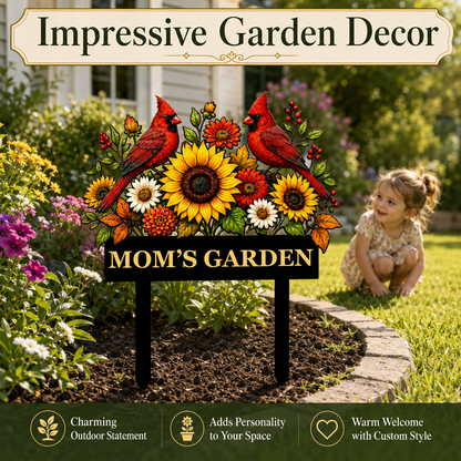 Sunflower Cardinal Metal Garden Stake Personalized Mom Garden Sign Red Bird Yard Art Gardener Gift Floral Outdoor Decor — main 6