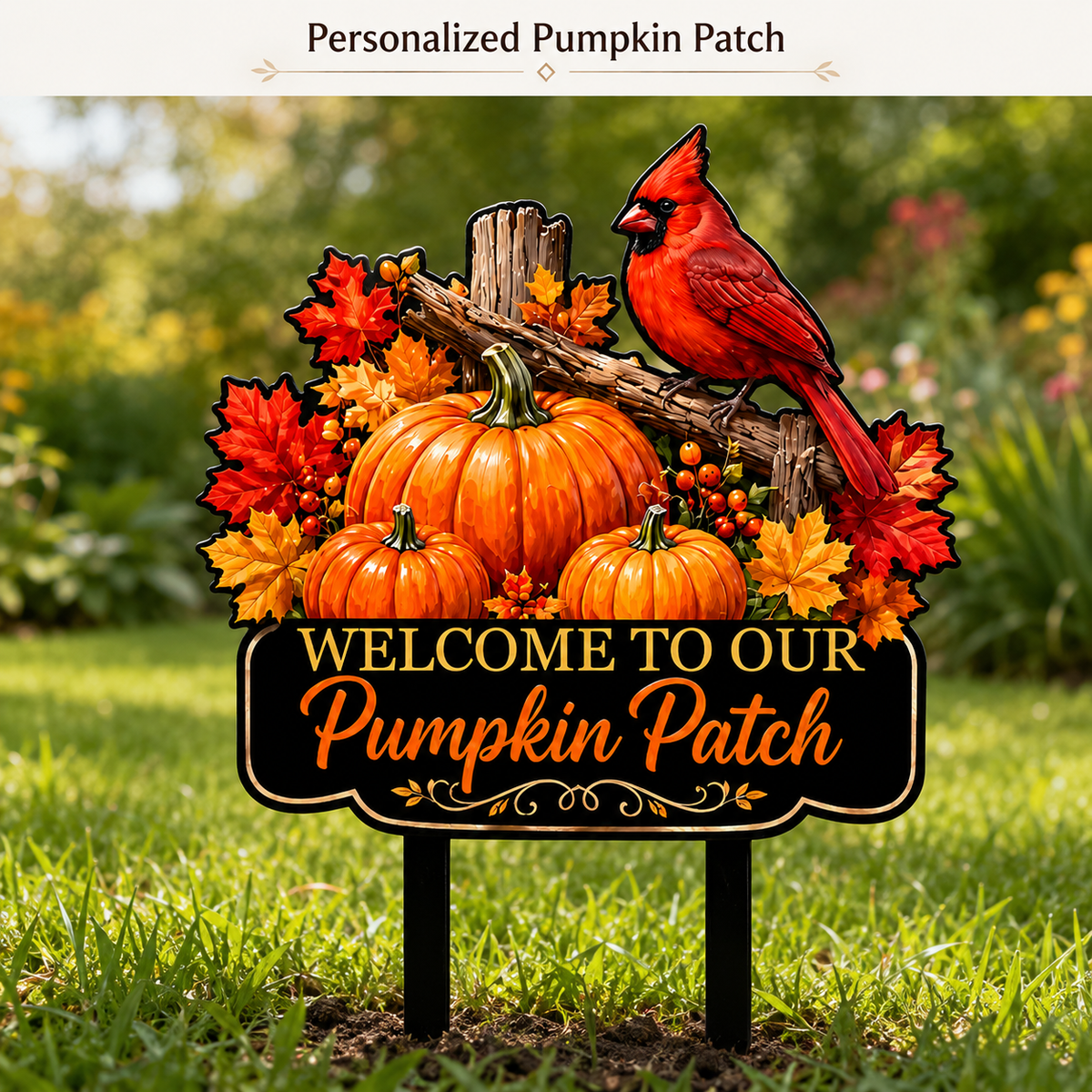 Pumpkin Patch Cardinal Garden Stake Personalized Fall Garden Decor Red Bird Yard Art Autumn Harvest Gift for Gardener — Main_01