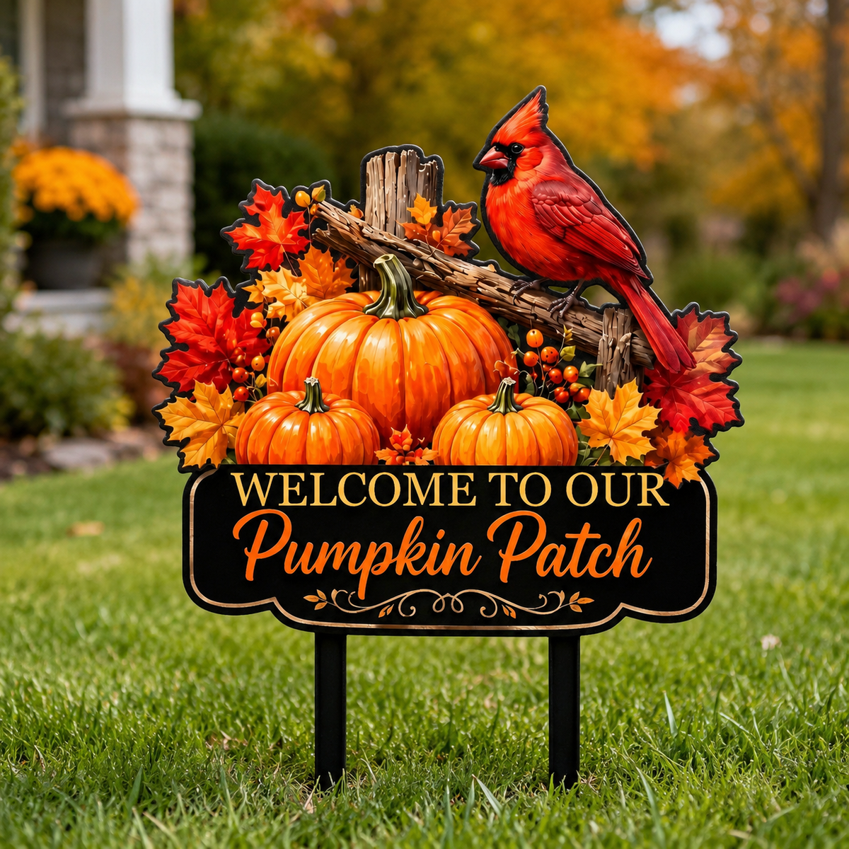 Pumpkin Patch Cardinal Garden Stake Personalized Fall Garden Decor Red Bird Yard Art Autumn Harvest Gift for Gardener — main 9