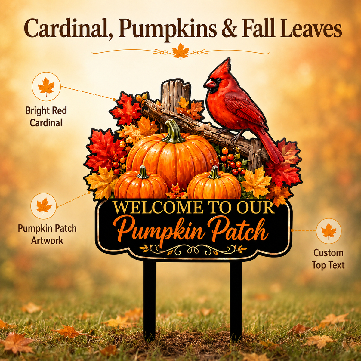Pumpkin Patch Cardinal Garden Stake Personalized Fall Garden Decor Red Bird Yard Art Autumn Harvest Gift for Gardener — Main_04