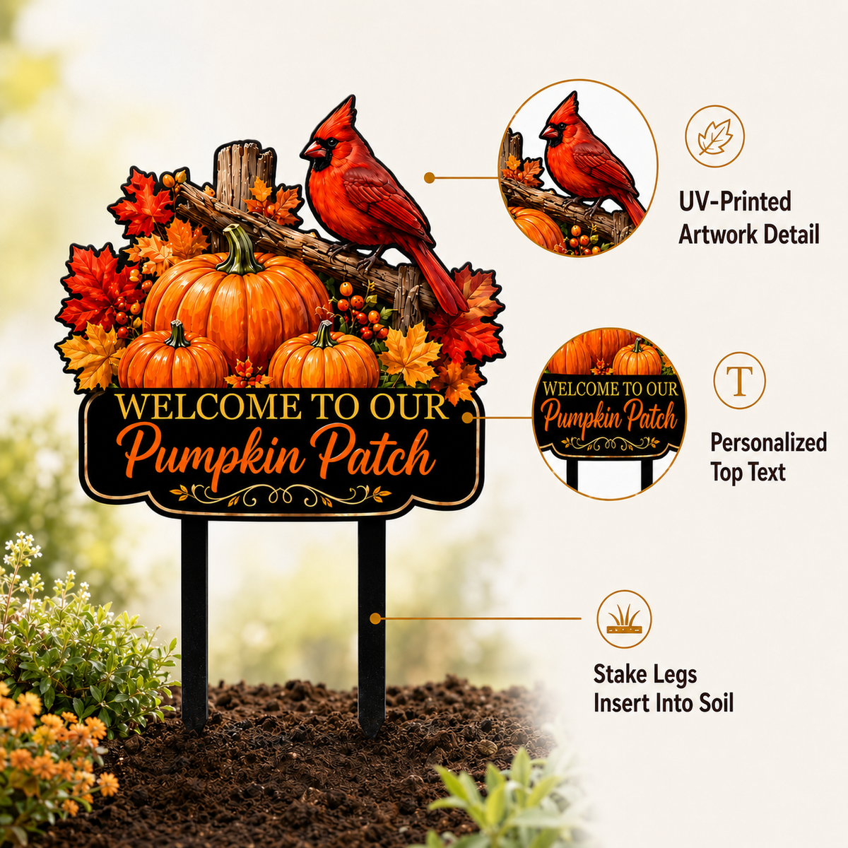 Pumpkin Patch Cardinal Garden Stake Personalized Fall Garden Decor Red Bird Yard Art Autumn Harvest Gift for Gardener — Main_02