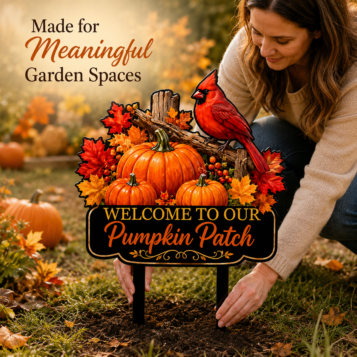 Pumpkin Patch Cardinal Garden Stake Personalized Fall Garden Decor Red Bird Yard Art Autumn Harvest Gift for Gardener — Main_13
