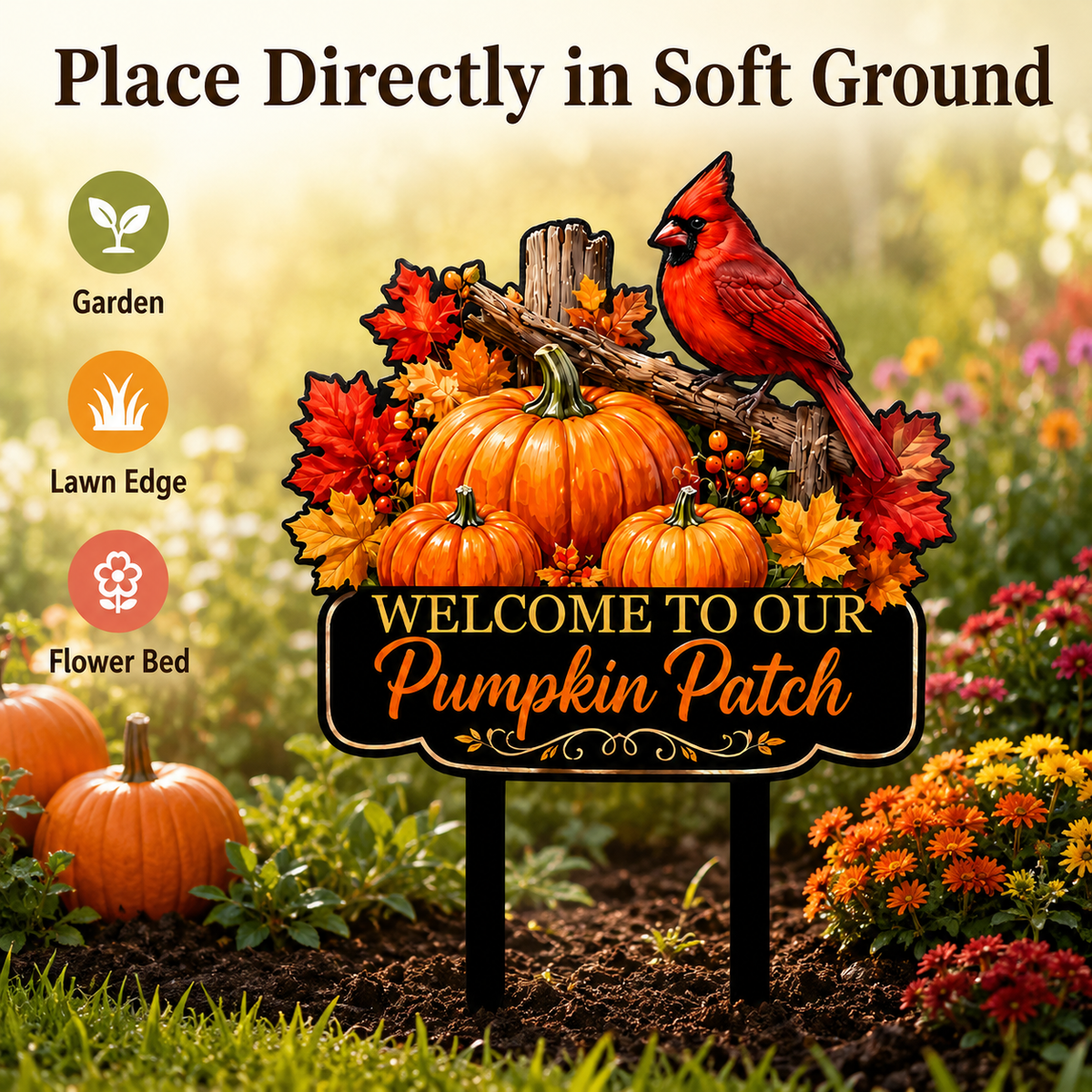 Pumpkin Patch Cardinal Garden Stake Personalized Fall Garden Decor Red Bird Yard Art Autumn Harvest Gift for Gardener — Main_07