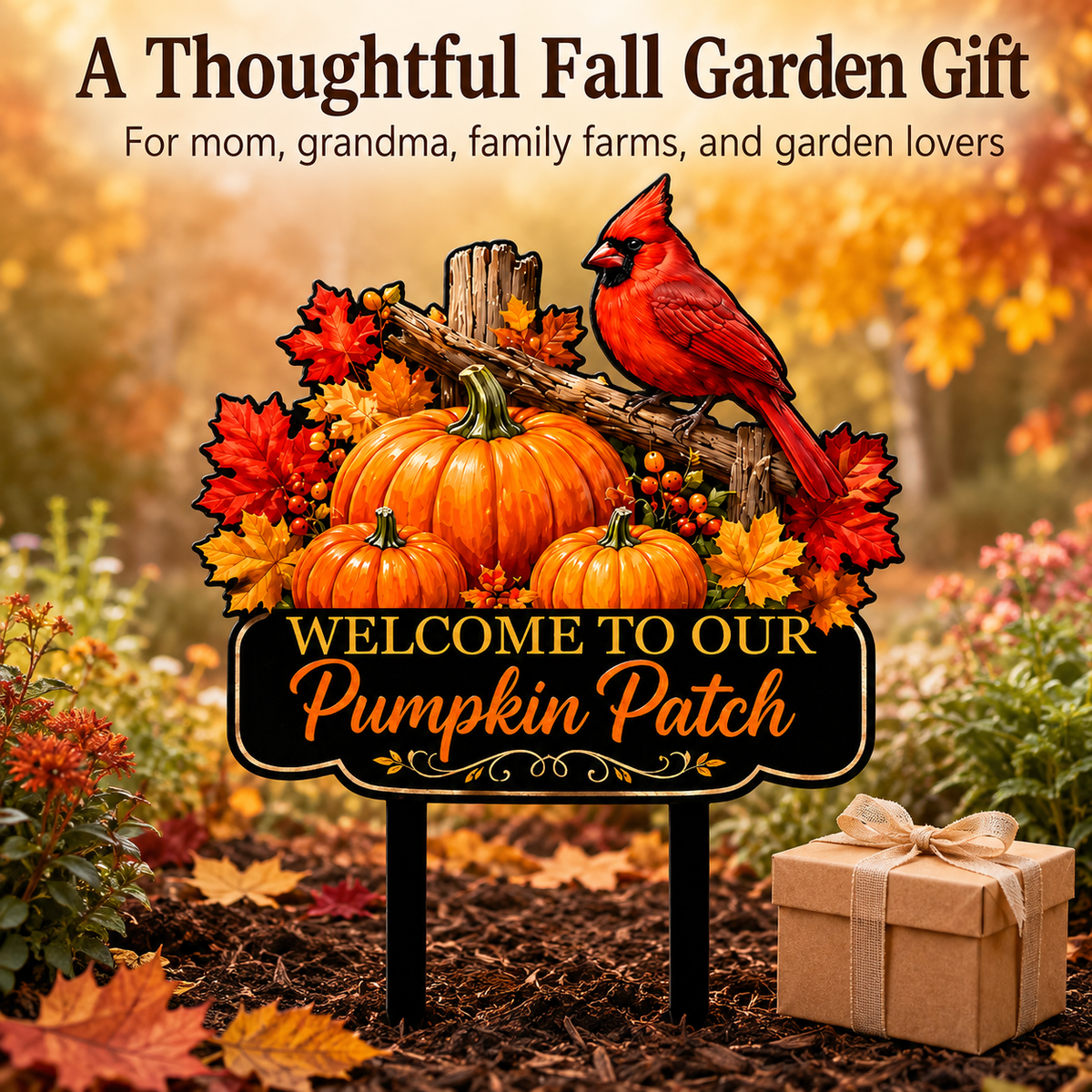 Pumpkin Patch Cardinal Garden Stake Personalized Fall Garden Decor Red Bird Yard Art Autumn Harvest Gift for Gardener — Main_06