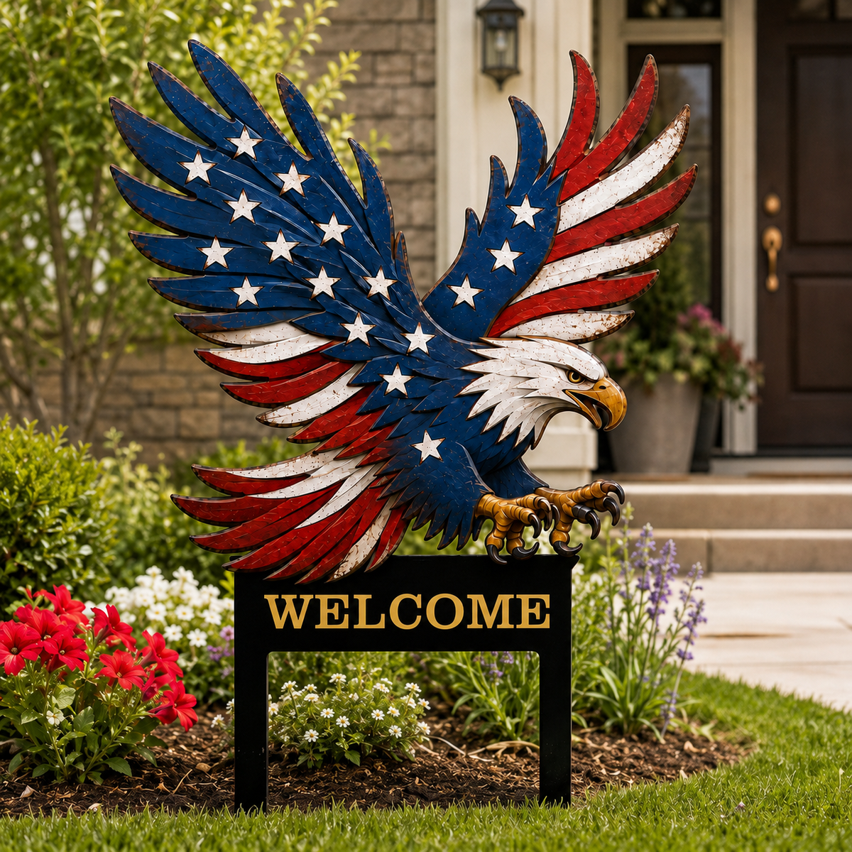 American Eagle Metal Yard Art, Personalized Patriotic Garden Welcome Sign, Printed Metal Yard Stake for Front Yard Decor