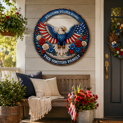 Patriotic Eagle Wreath Metal Sign, Custom Family Name Welcome Sign, American Eagle Front Porch LED Wall Decor