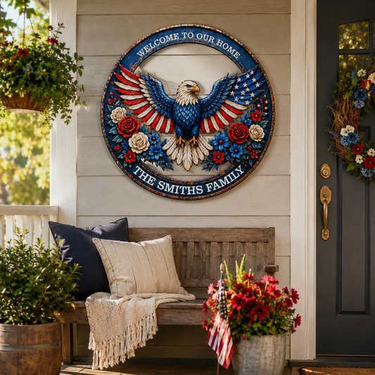 Patriotic Eagle Wreath Metal Sign, Custom Family Name Welcome Sign, American Eagle Front Porch LED Wall Decor