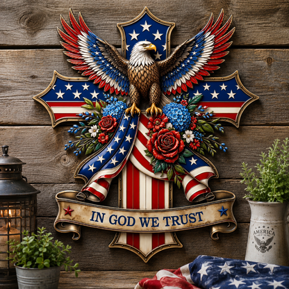 In God We Trust Patriotic Metal Sign, Personalized Eagle Cross LED Decor, American Flag Yard Sign for Garden