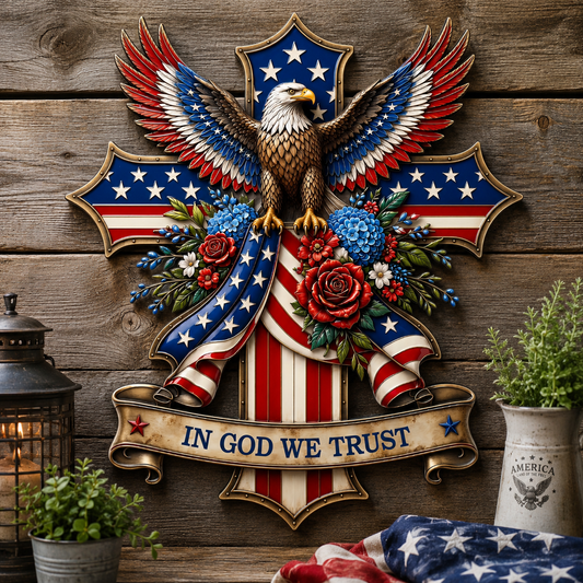 In God We Trust Patriotic Metal Sign, Personalized Eagle Cross LED Decor, American Flag Yard Sign for Garden