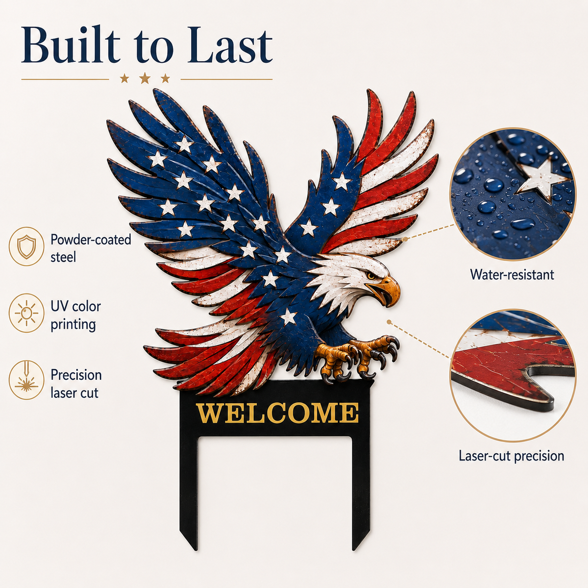American Eagle Metal Yard Art, Personalized Patriotic Garden Welcome Sign, Printed Metal Yard Stake for Front Yard Decor — main 3