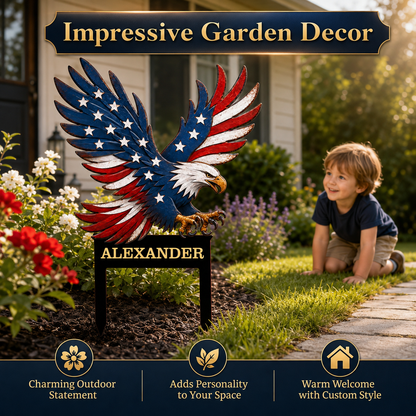 American Eagle Metal Yard Art, Personalized Patriotic Garden Welcome Sign, Printed Metal Yard Stake for Front Yard Decor — main 7