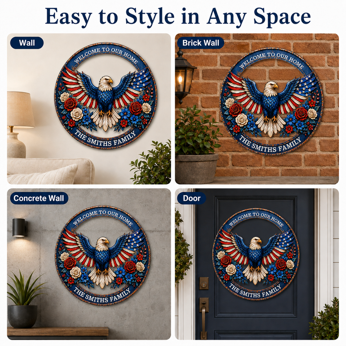 Patriotic Eagle Wreath Metal Sign, Custom Family Name Welcome Sign, American Eagle Front Porch LED Wall Decor — MAIN 10