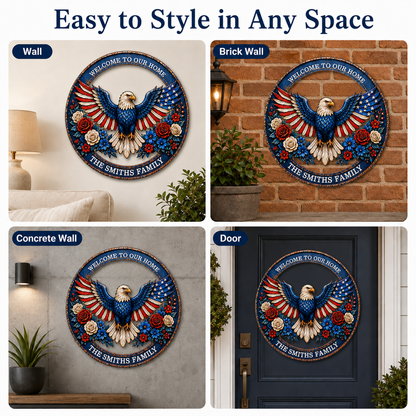 Patriotic Eagle Wreath Metal Sign, Custom Family Name Welcome Sign, American Eagle Front Porch LED Wall Decor — MAIN 10