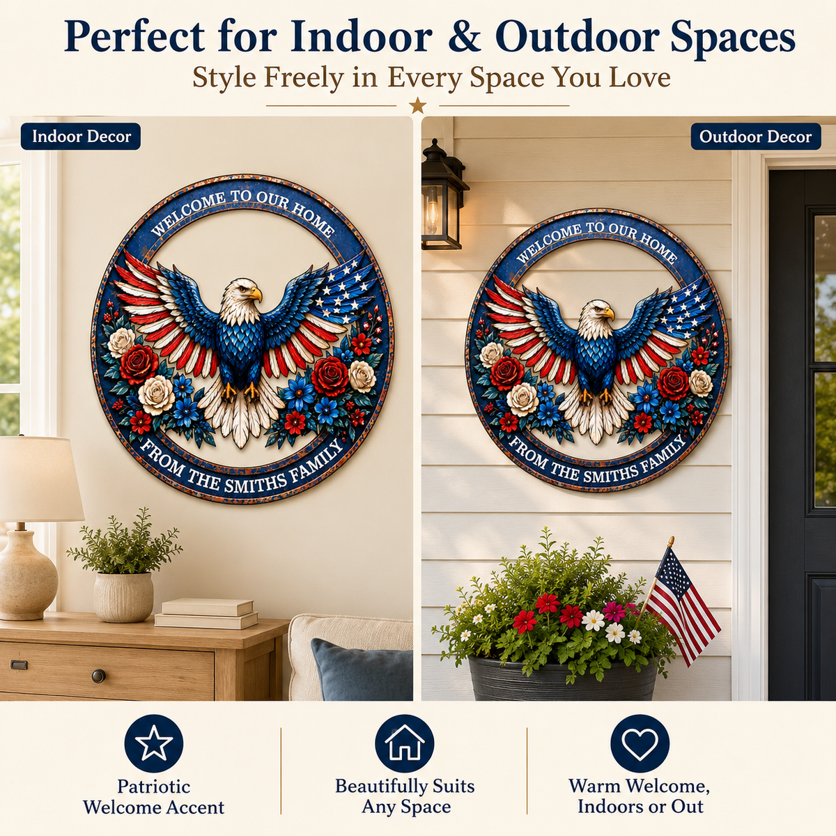Patriotic Eagle Wreath Metal Sign, Custom Family Name Welcome Sign, American Eagle Front Porch LED Wall Decor — main 8