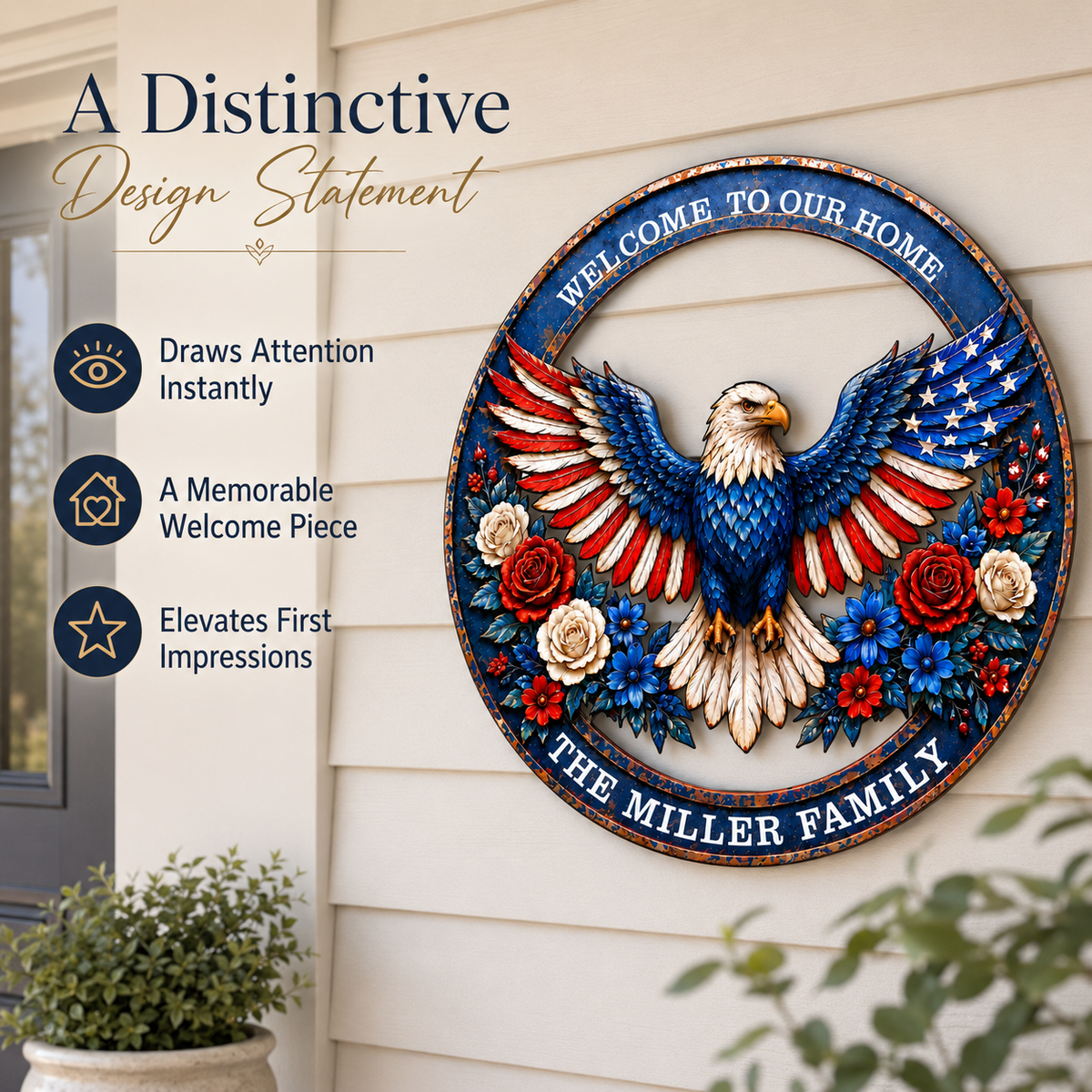 Patriotic Eagle Wreath Metal Sign, Custom Family Name Welcome Sign, American Eagle Front Porch LED Wall Decor — main 4