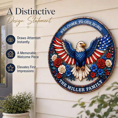 Patriotic Eagle Wreath Metal Sign, Custom Family Name Welcome Sign, American Eagle Front Porch LED Wall Decor — main 4