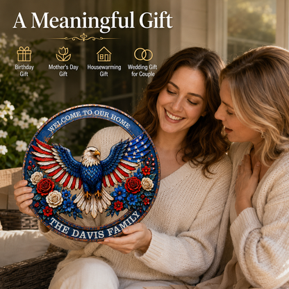 Patriotic Eagle Wreath Metal Sign, Custom Family Name Welcome Sign, American Eagle Front Porch LED Wall Decor — MAIN 6
