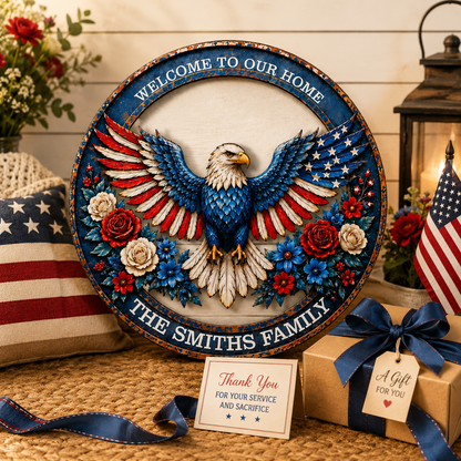 Patriotic Eagle Wreath Metal Sign, Custom Family Name Welcome Sign, American Eagle Front Porch LED Wall Decor — main_14