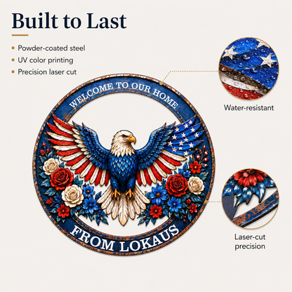 Patriotic Eagle Wreath Metal Sign, Custom Family Name Welcome Sign, American Eagle Front Porch LED Wall Decor — main 3
