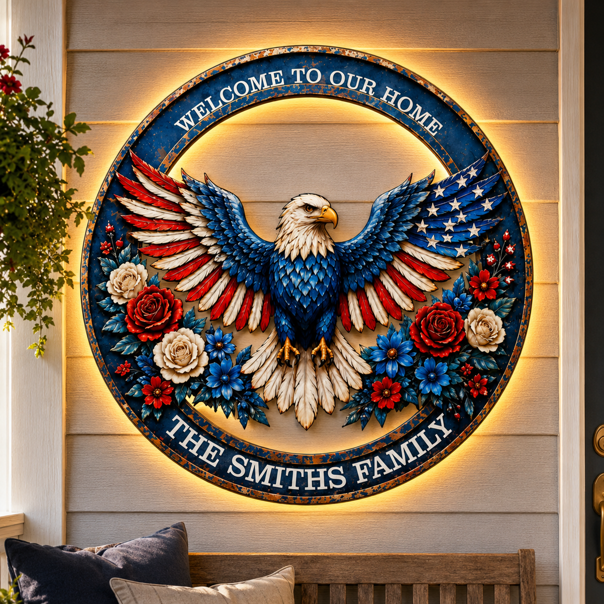 Patriotic Eagle Wreath Metal Sign, Custom Family Name Welcome Sign, American Eagle Front Porch LED Wall Decor — main_11