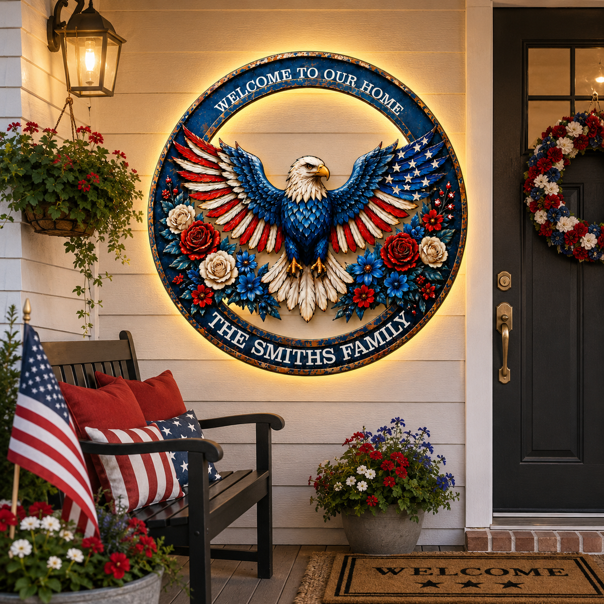 Patriotic Eagle Wreath Metal Sign, Custom Family Name Welcome Sign, American Eagle Front Porch LED Wall Decor — main_12