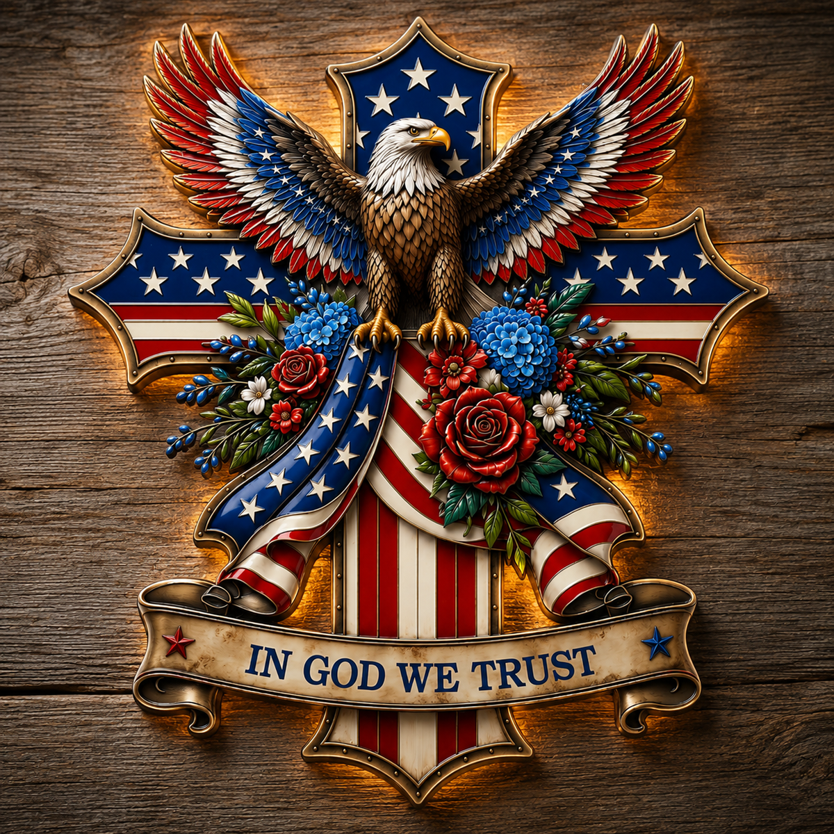 In God We Trust Patriotic Metal Sign, Personalized Eagle Cross LED Decor, American Flag Yard Sign for Garden — main 11